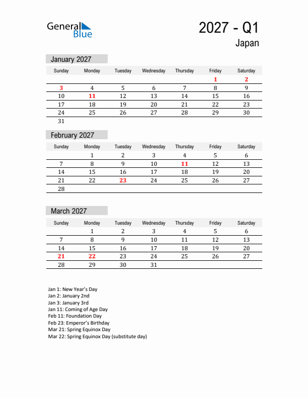 Japan Quarter 1 2027 Calendar with Holidays