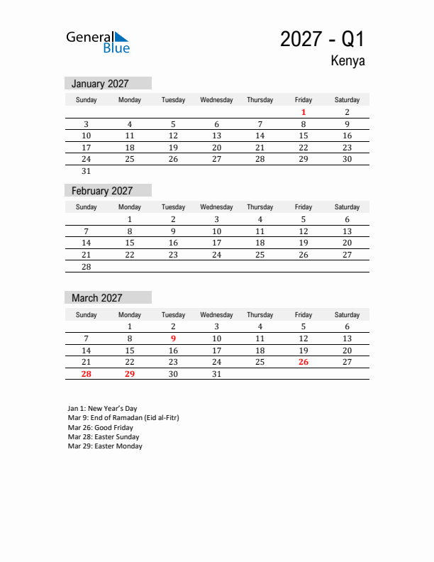 Kenya Quarter 1 2027 Calendar with Holidays