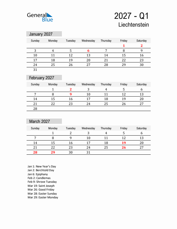 Liechtenstein Quarter 1 2027 Calendar with Holidays