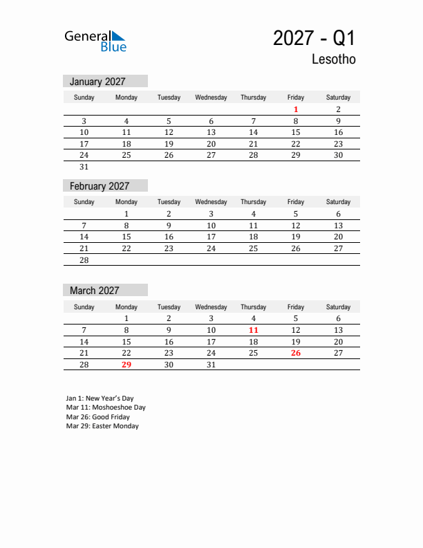 Lesotho Quarter 1 2027 Calendar with Holidays