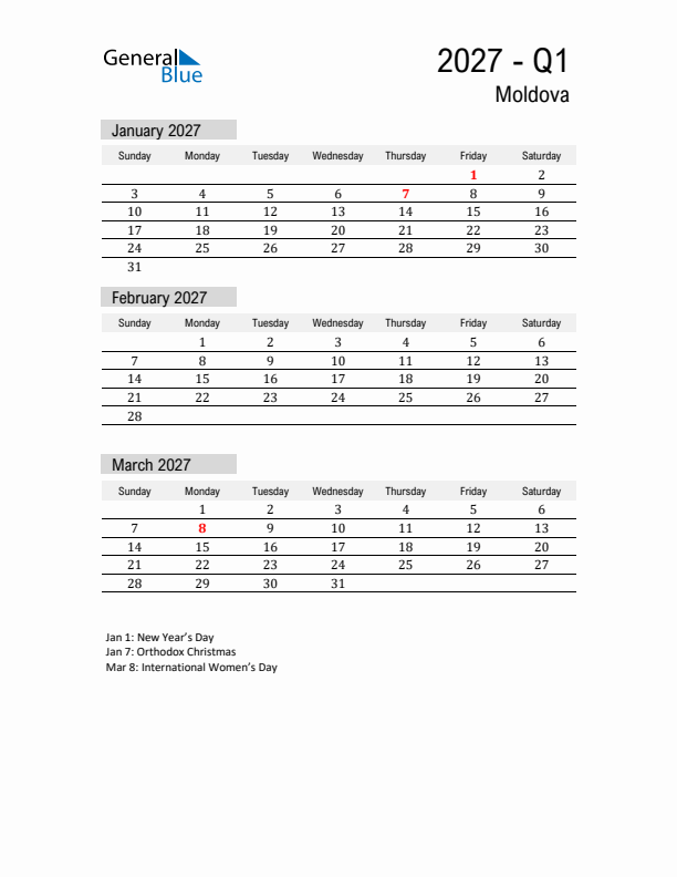 Moldova Quarter 1 2027 Calendar with Holidays