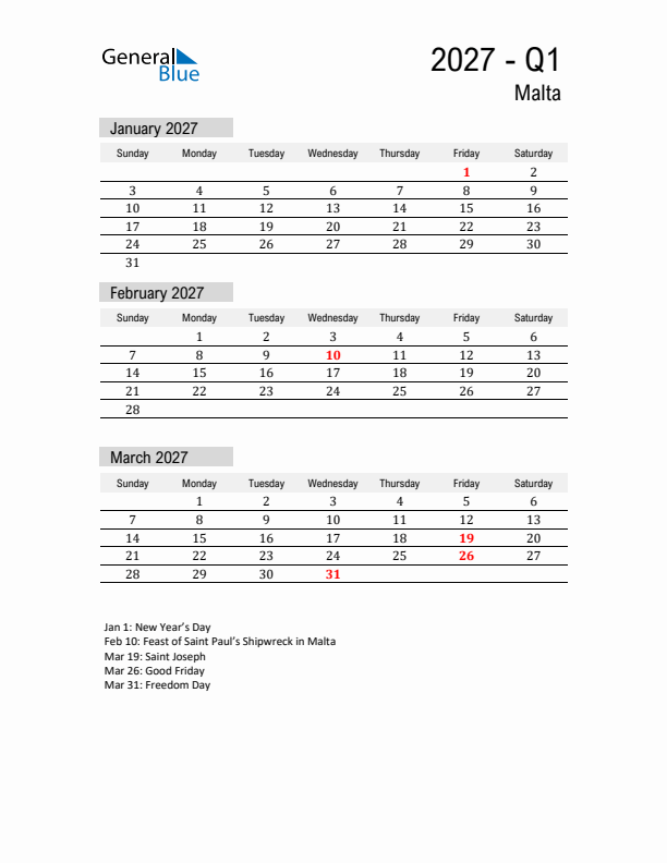 Malta Quarter 1 2027 Calendar with Holidays