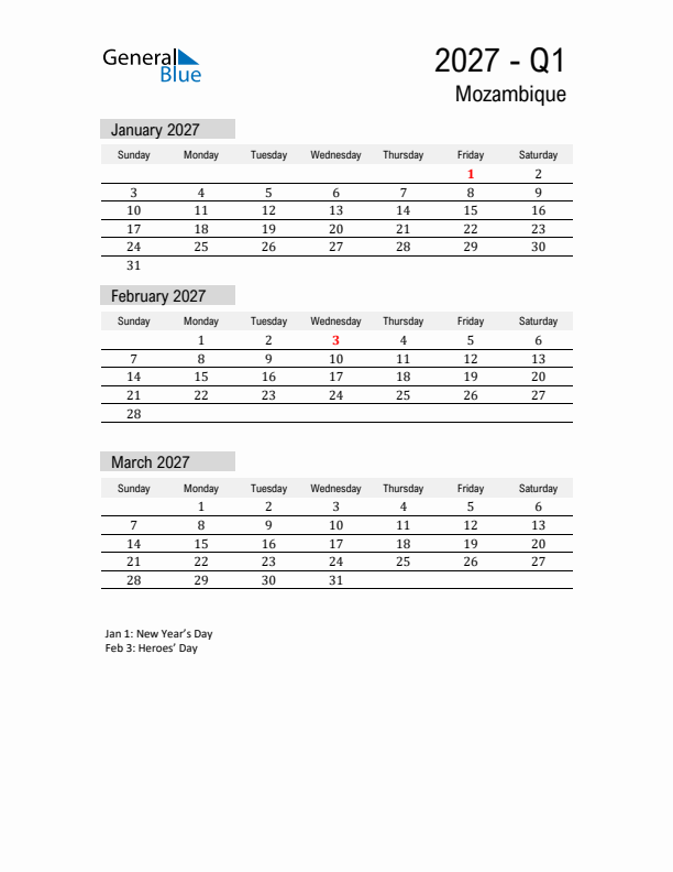 Mozambique Quarter 1 2027 Calendar with Holidays