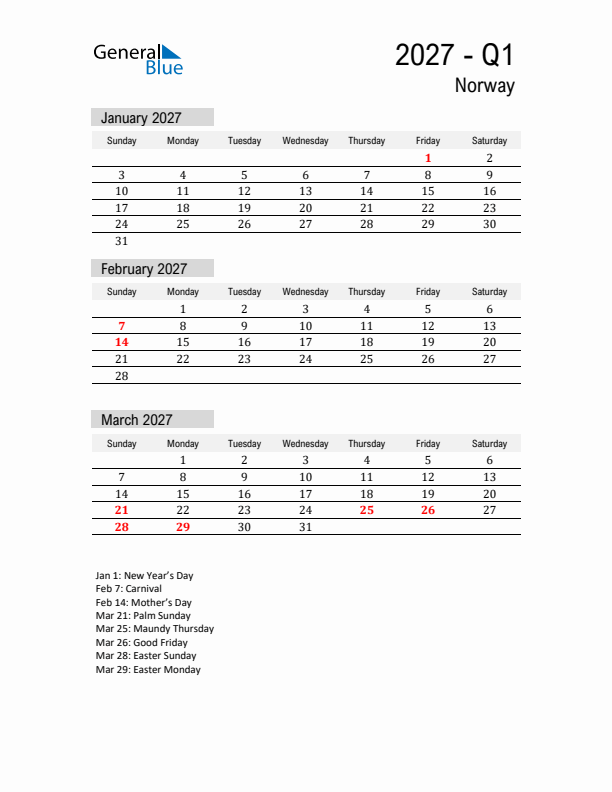 Norway Quarter 1 2027 Calendar with Holidays