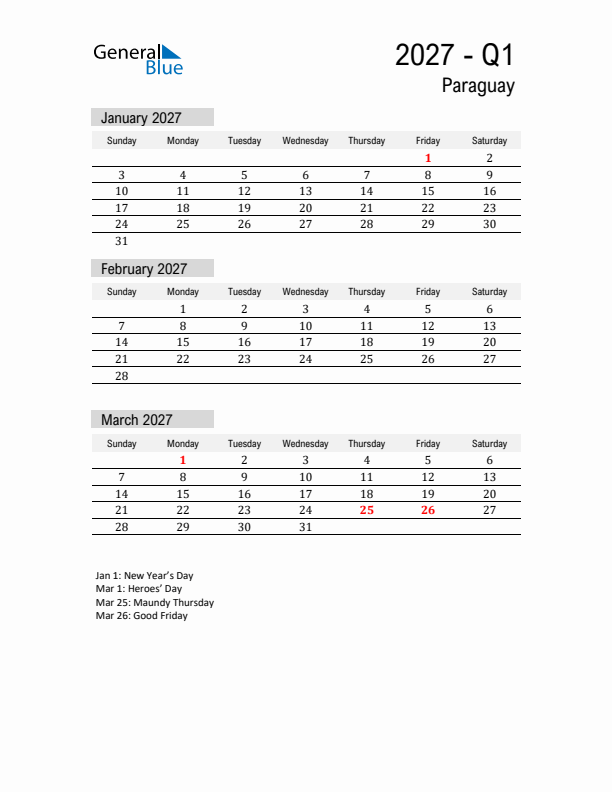 Paraguay Quarter 1 2027 Calendar with Holidays