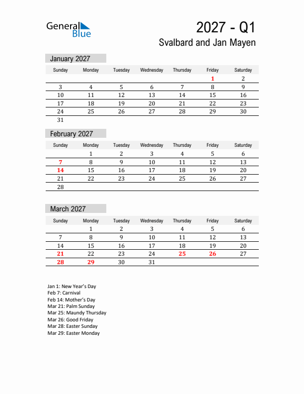 Svalbard and Jan Mayen Quarter 1 2027 Calendar with Holidays