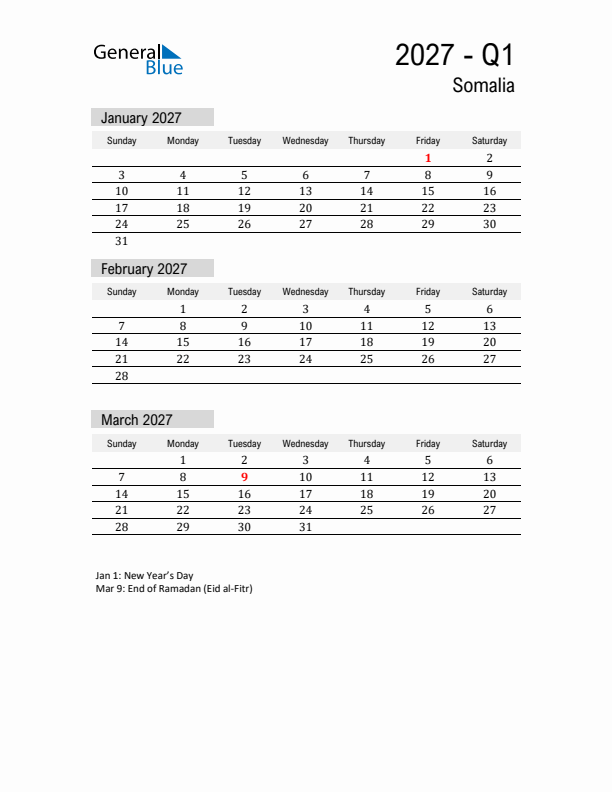 Somalia Quarter 1 2027 Calendar with Holidays