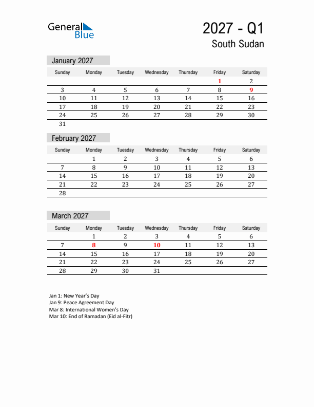 South Sudan Quarter 1 2027 Calendar with Holidays