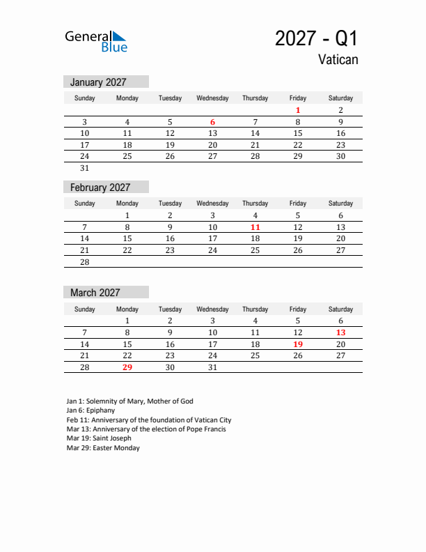 Vatican Quarter 1 2027 Calendar with Holidays
