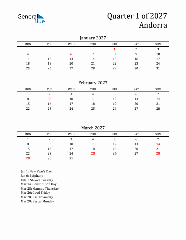 Quarter 1 2027 Andorra Quarterly Calendar