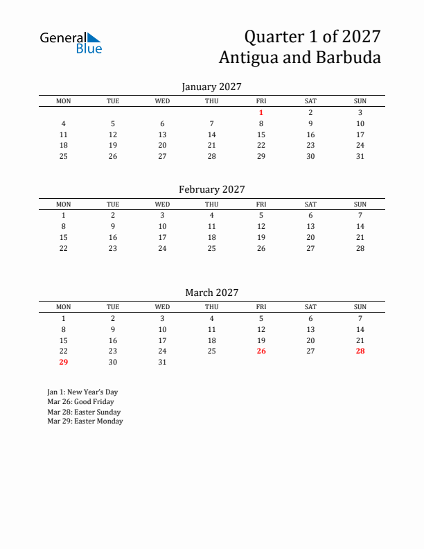 Quarter 1 2027 Antigua and Barbuda Quarterly Calendar