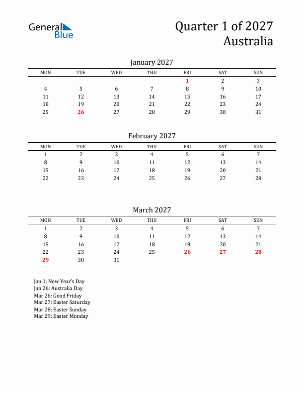 Quarter 1 2027 Australia Quarterly Calendar