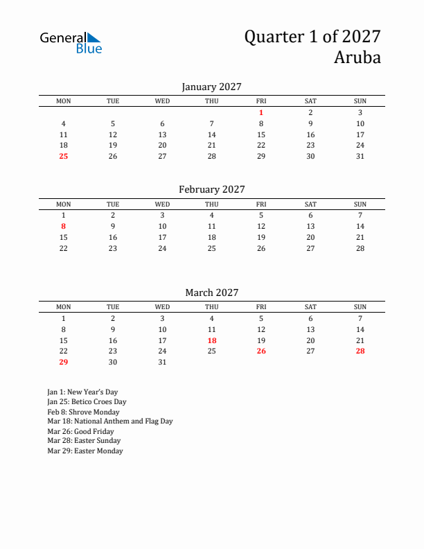 Quarter 1 2027 Aruba Quarterly Calendar