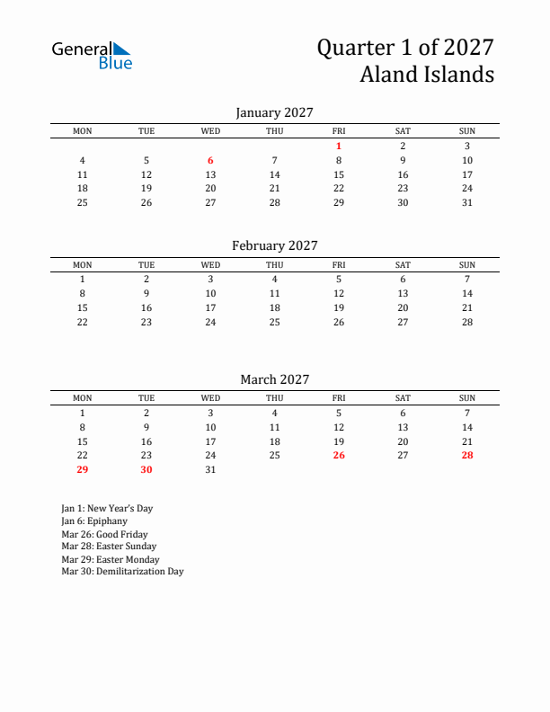 Quarter 1 2027 Aland Islands Quarterly Calendar