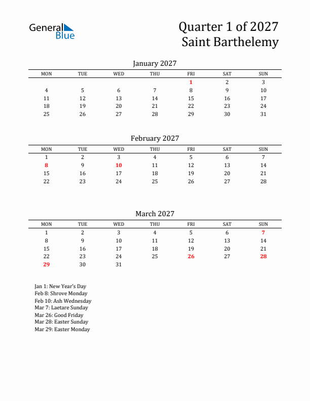 Quarter 1 2027 Saint Barthelemy Quarterly Calendar