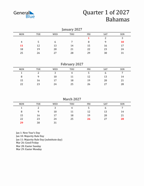 Quarter 1 2027 Bahamas Quarterly Calendar