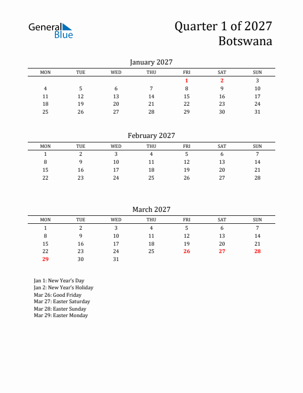 Quarter 1 2027 Botswana Quarterly Calendar