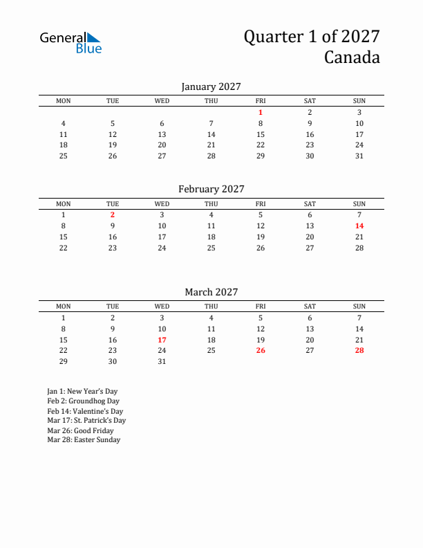 Quarter 1 2027 Canada Quarterly Calendar