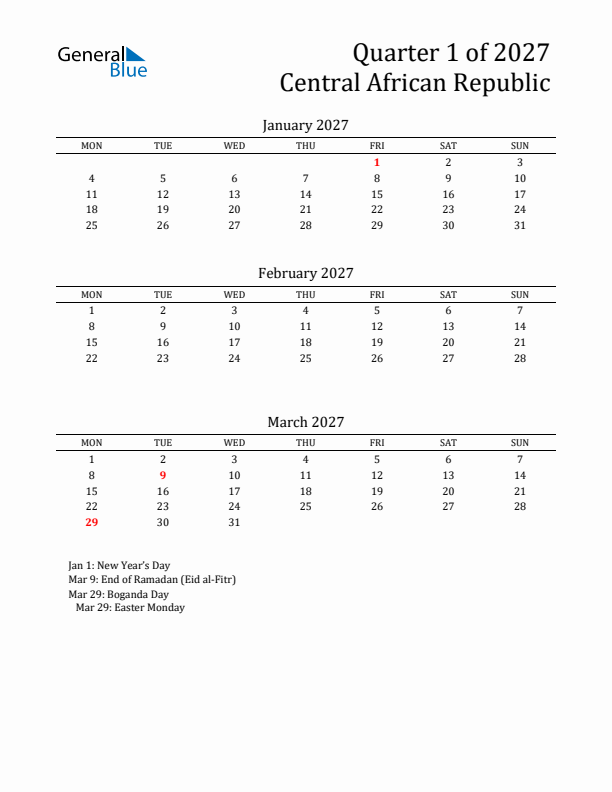 Quarter 1 2027 Central African Republic Quarterly Calendar