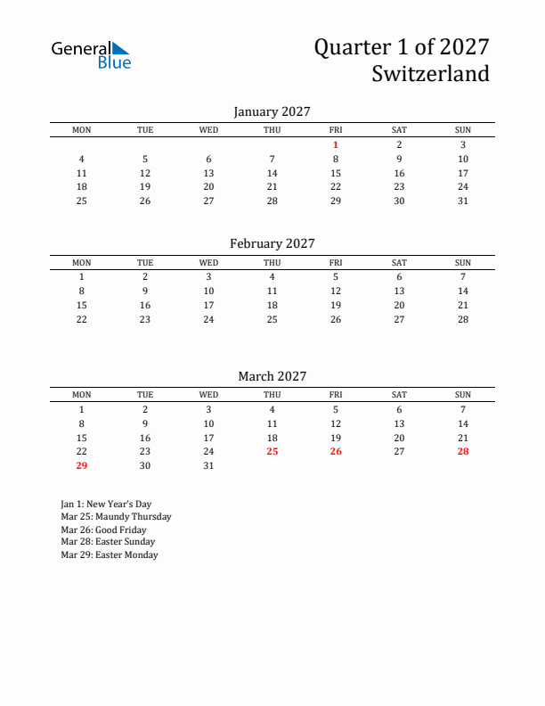 Quarter 1 2027 Switzerland Quarterly Calendar