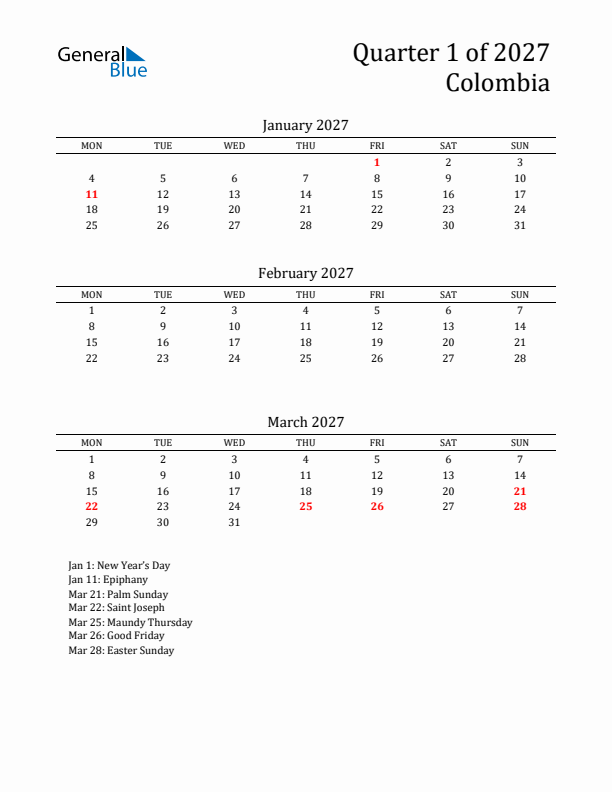 Quarter 1 2027 Colombia Quarterly Calendar