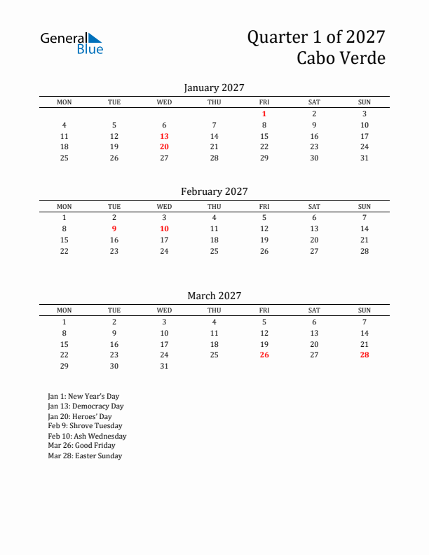 Quarter 1 2027 Cabo Verde Quarterly Calendar