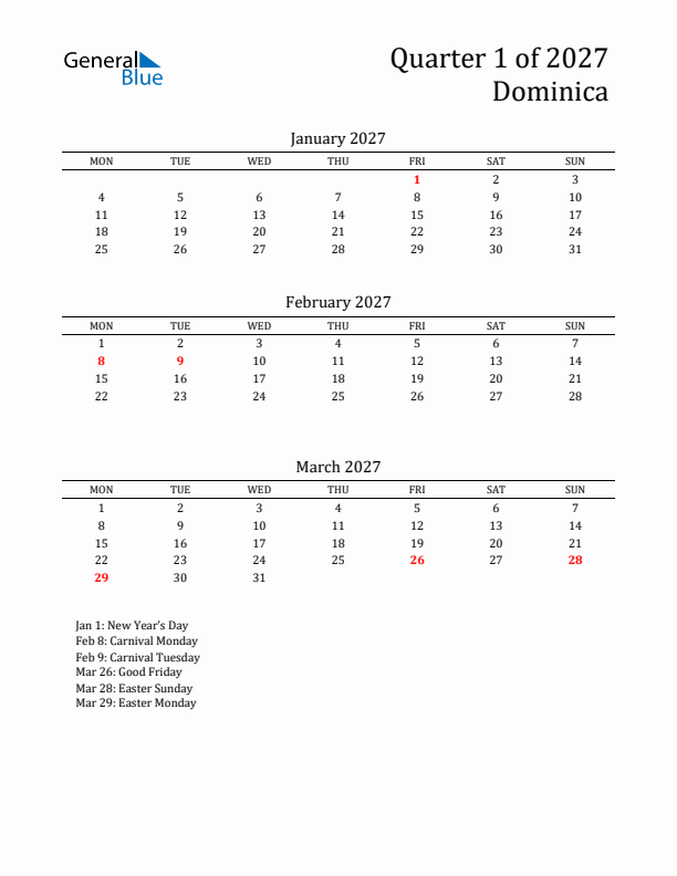 Quarter 1 2027 Dominica Quarterly Calendar