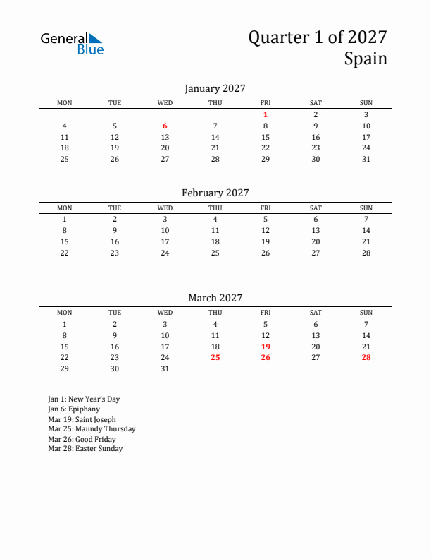 Quarter 1 2027 Spain Quarterly Calendar