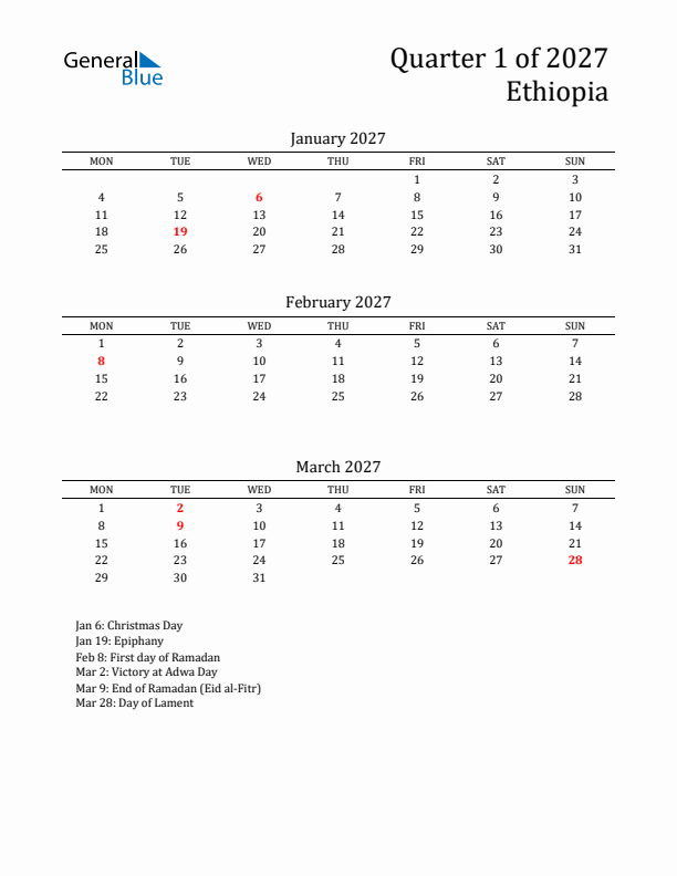 Quarter 1 2027 Ethiopia Quarterly Calendar