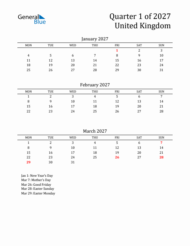 Quarter 1 2027 United Kingdom Quarterly Calendar