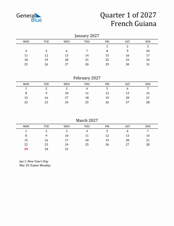 Quarter 1 2027 French Guiana Quarterly Calendar