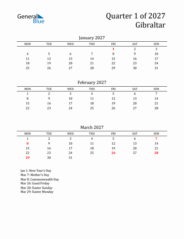 Quarter 1 2027 Gibraltar Quarterly Calendar