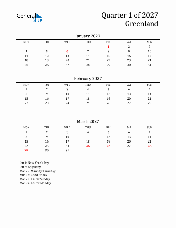 Quarter 1 2027 Greenland Quarterly Calendar