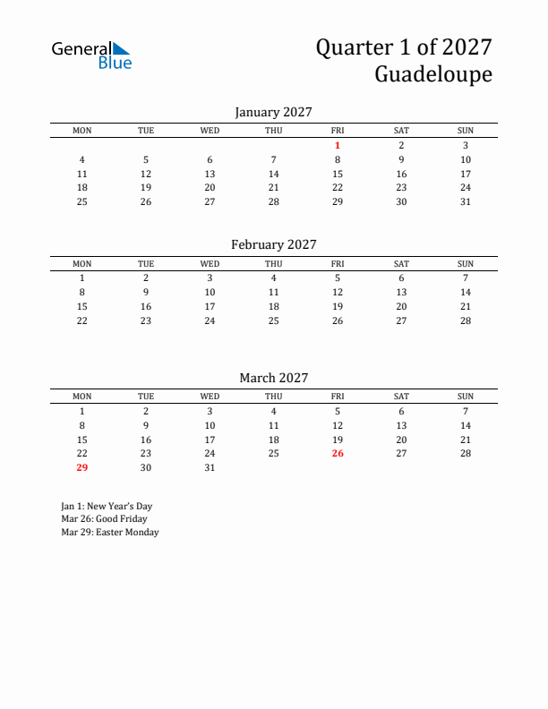 Quarter 1 2027 Guadeloupe Quarterly Calendar