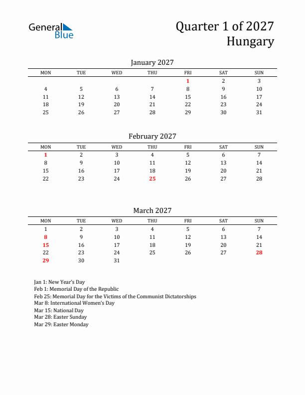 Quarter 1 2027 Hungary Quarterly Calendar