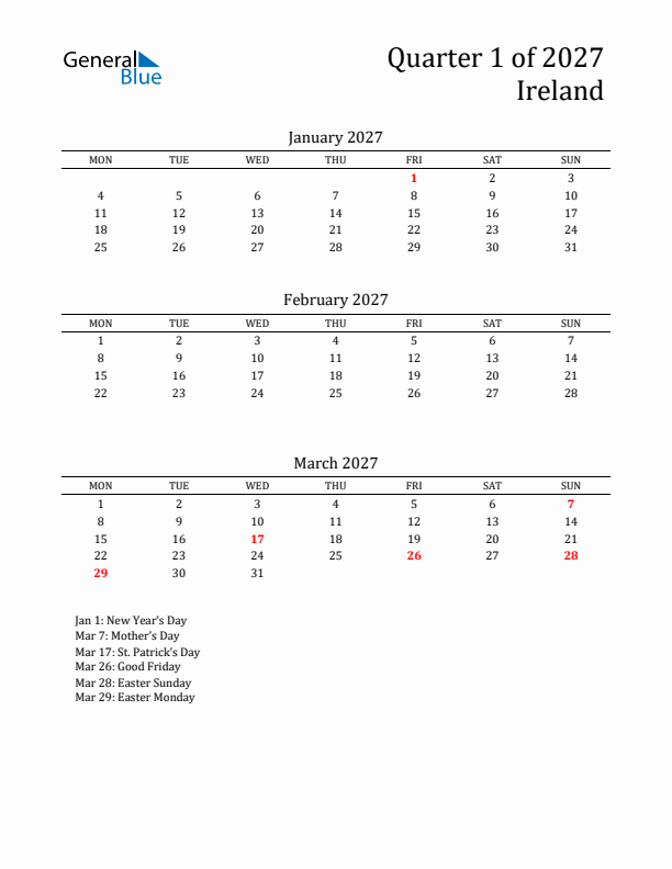 Quarter 1 2027 Ireland Quarterly Calendar