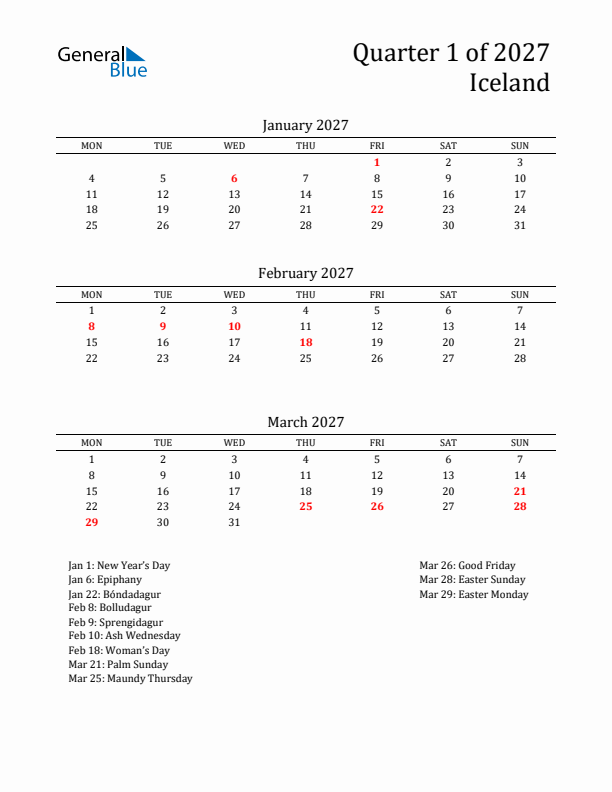 Quarter 1 2027 Iceland Quarterly Calendar