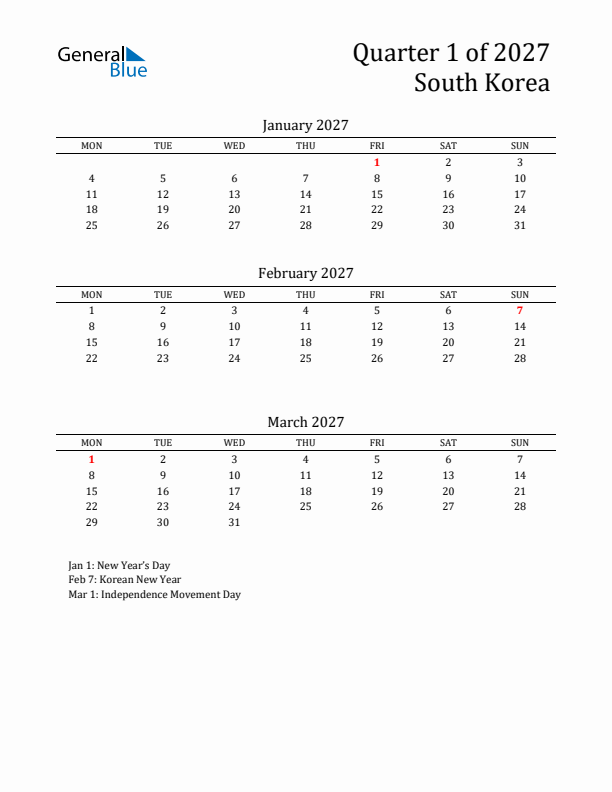 Quarter 1 2027 South Korea Quarterly Calendar