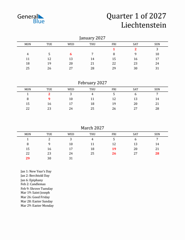 Quarter 1 2027 Liechtenstein Quarterly Calendar