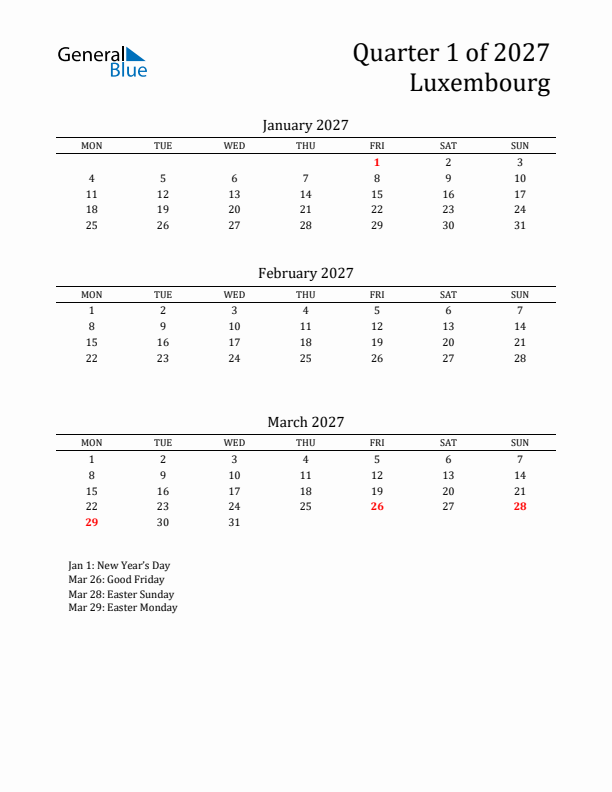 Quarter 1 2027 Luxembourg Quarterly Calendar