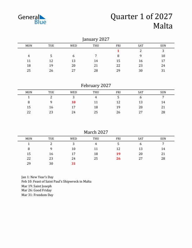 Quarter 1 2027 Malta Quarterly Calendar