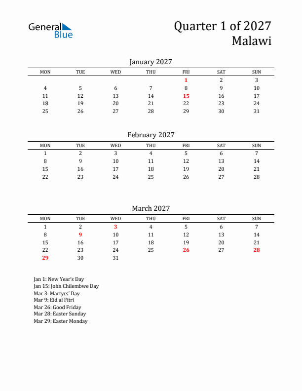 Quarter 1 2027 Malawi Quarterly Calendar