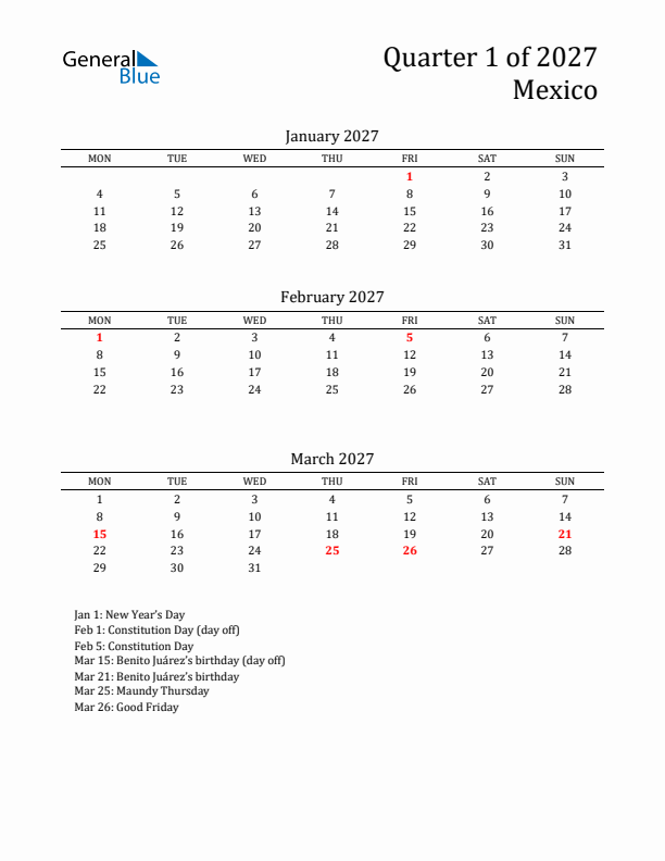 Quarter 1 2027 Mexico Quarterly Calendar