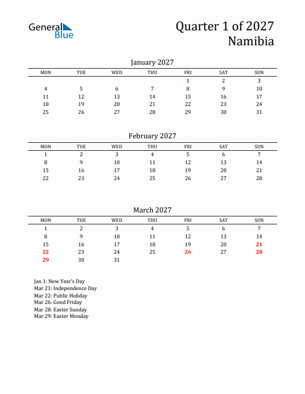 Quarter 1 2027 Namibia Quarterly Calendar