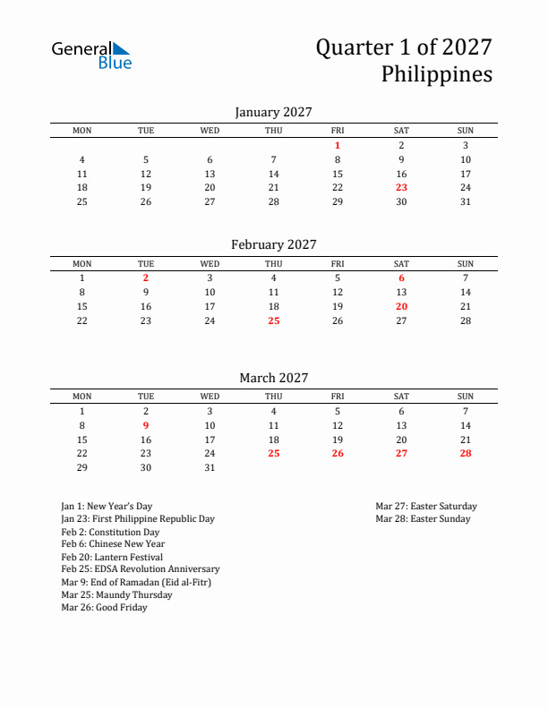 Quarter 1 2027 Philippines Quarterly Calendar