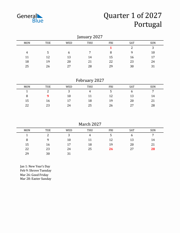 Quarter 1 2027 Portugal Quarterly Calendar