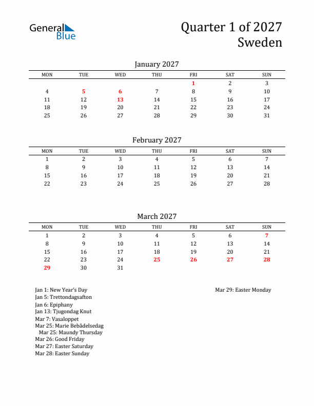 Quarter 1 2027 Sweden Quarterly Calendar