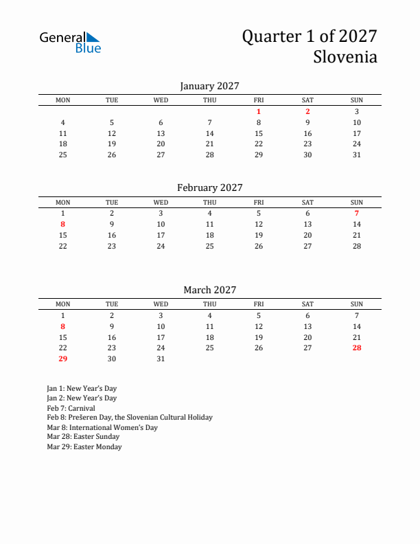 Quarter 1 2027 Slovenia Quarterly Calendar