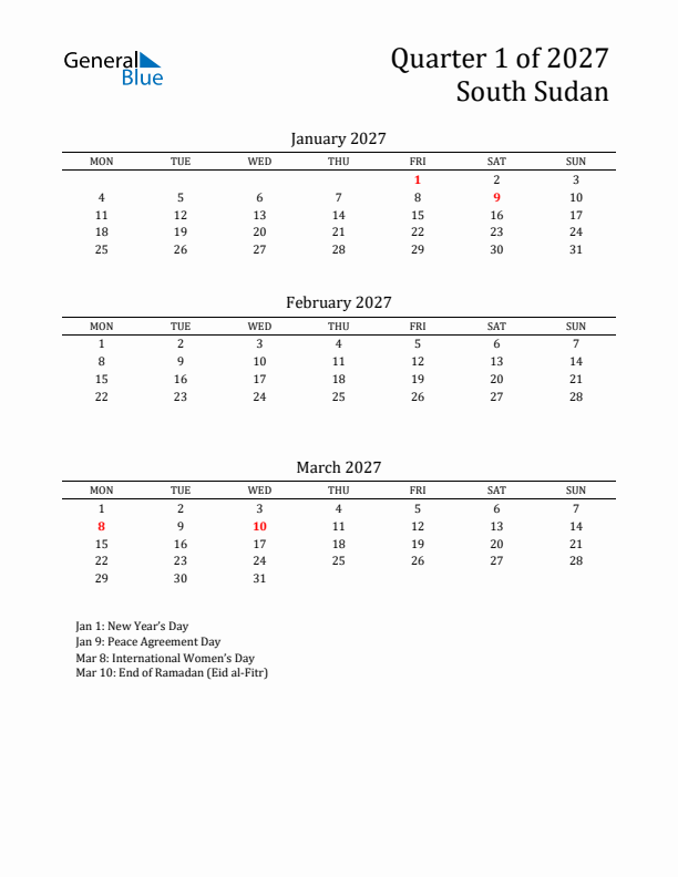 Quarter 1 2027 South Sudan Quarterly Calendar