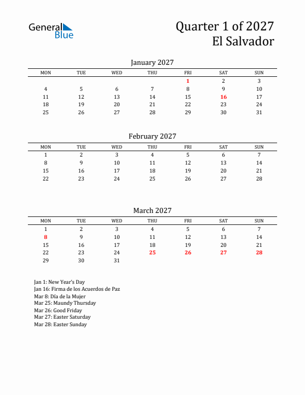 Quarter 1 2027 El Salvador Quarterly Calendar